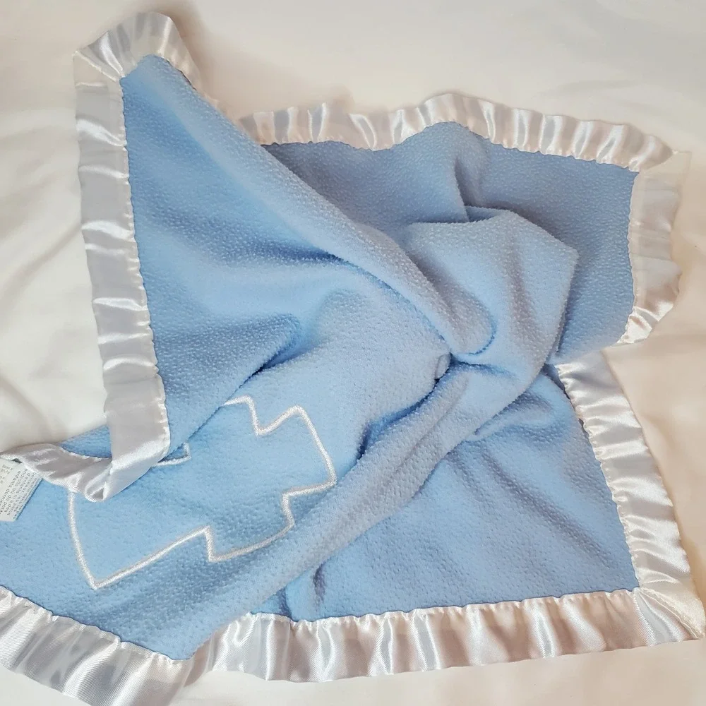 Baby Boom‎ Blue Lovey Security Blanket White Angel Bear Satin Cross Trim